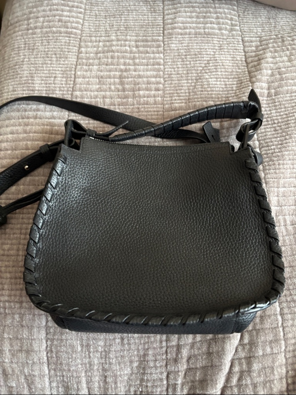 AllSaints Black Pebbled Leather Crossbody with Whipstitch Trim